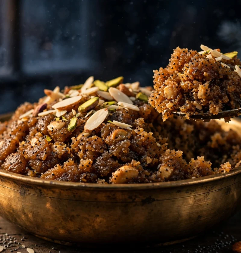 Khas khas ka halwa – nutty winter halwa in brass bowl