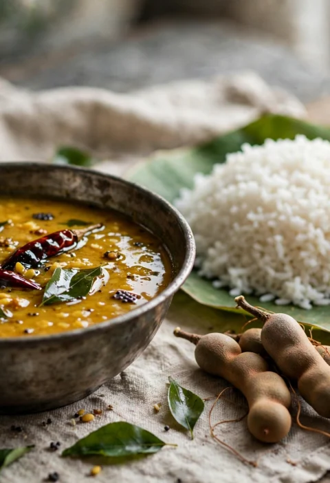 Khatti dal recipe – tangy tamarind dal with a curry-leaf tempering, served beside plain rice
