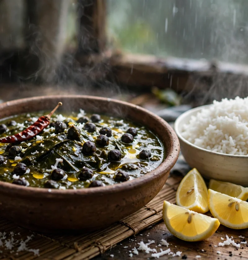 Kochu Shak – taro leaves curry with chickpeas.