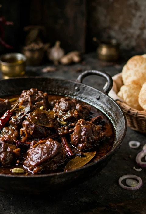 Kosha Mangsho – dark mahogany mutton curry with luchi