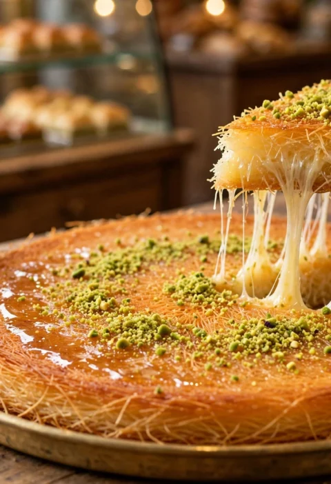 Kunafa recipe – golden kunafa with a melted cheese pull and crushed pistachios on a brass tray
