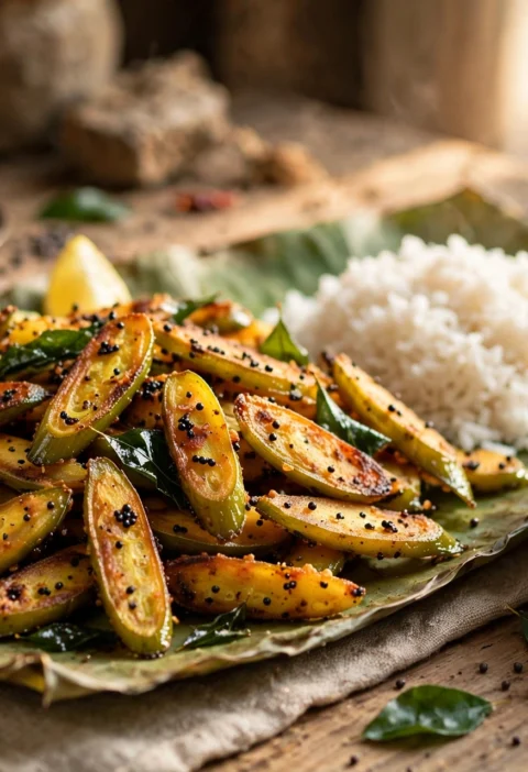 Kundru fry recipe – golden crispy kundru fry with caramelized ivy gourd slices and lemon wedges