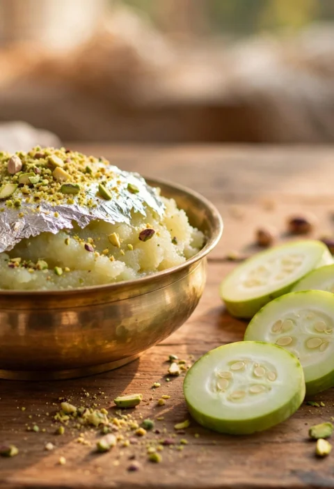 Lauki halwa recipe – pale green lauki halwa in a brass bowl with silver leaf and pistachios
