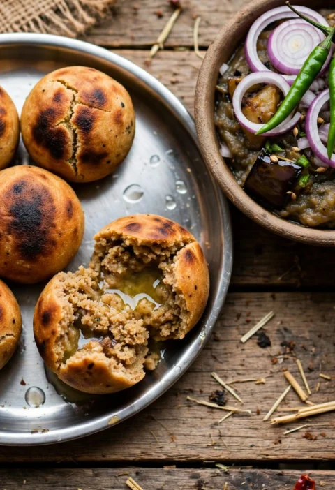 Litti Chokha – roasted sattu balls with smoky eggplant mash
