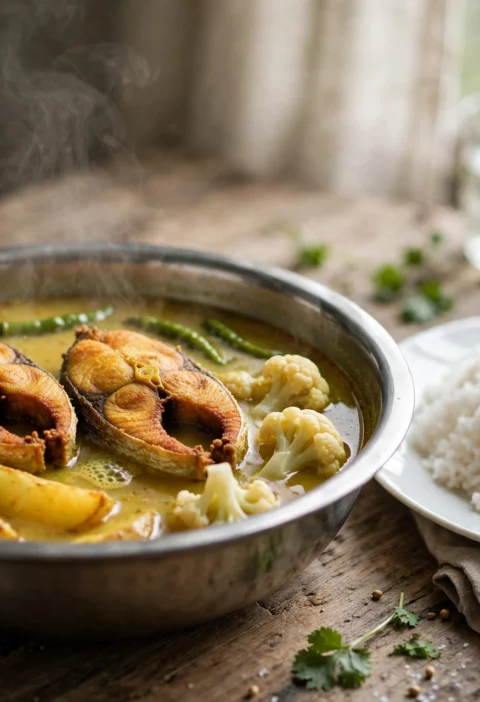 Macher Jhol – fried rohu in light turmeric broth.