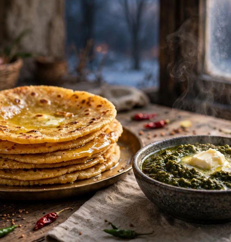 Makki di roti recipe – golden cornmeal rotis on a brass thali with sarson ka saag and a knob of melting white butter