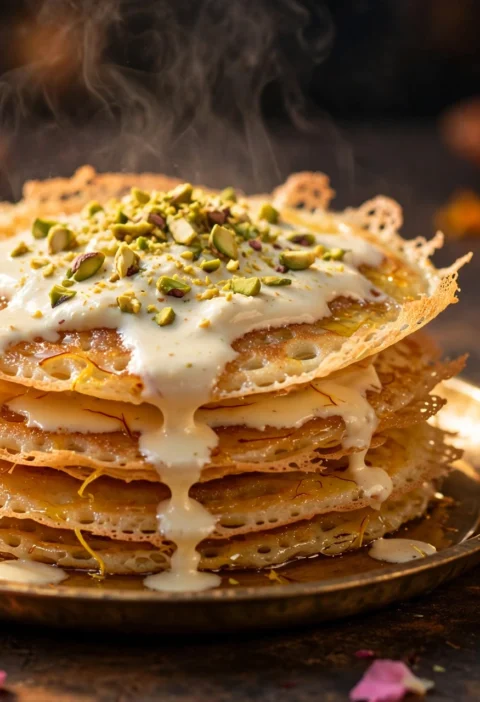 Malpua – lacy syrup-soaked pancakes with rabri