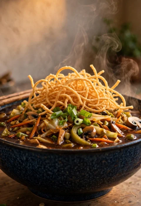 Manchow soup recipe – dark spicy manchow soup with crispy fried noodles and spring onions