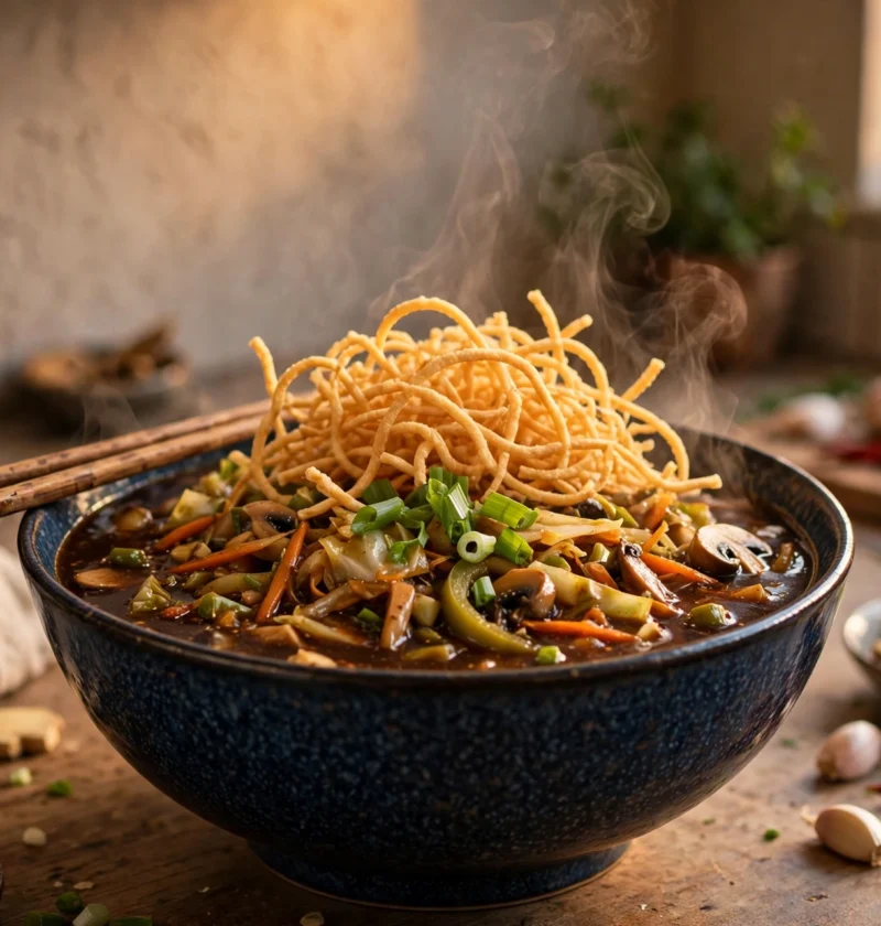 Manchow soup recipe – dark spicy manchow soup with crispy fried noodles and spring onions