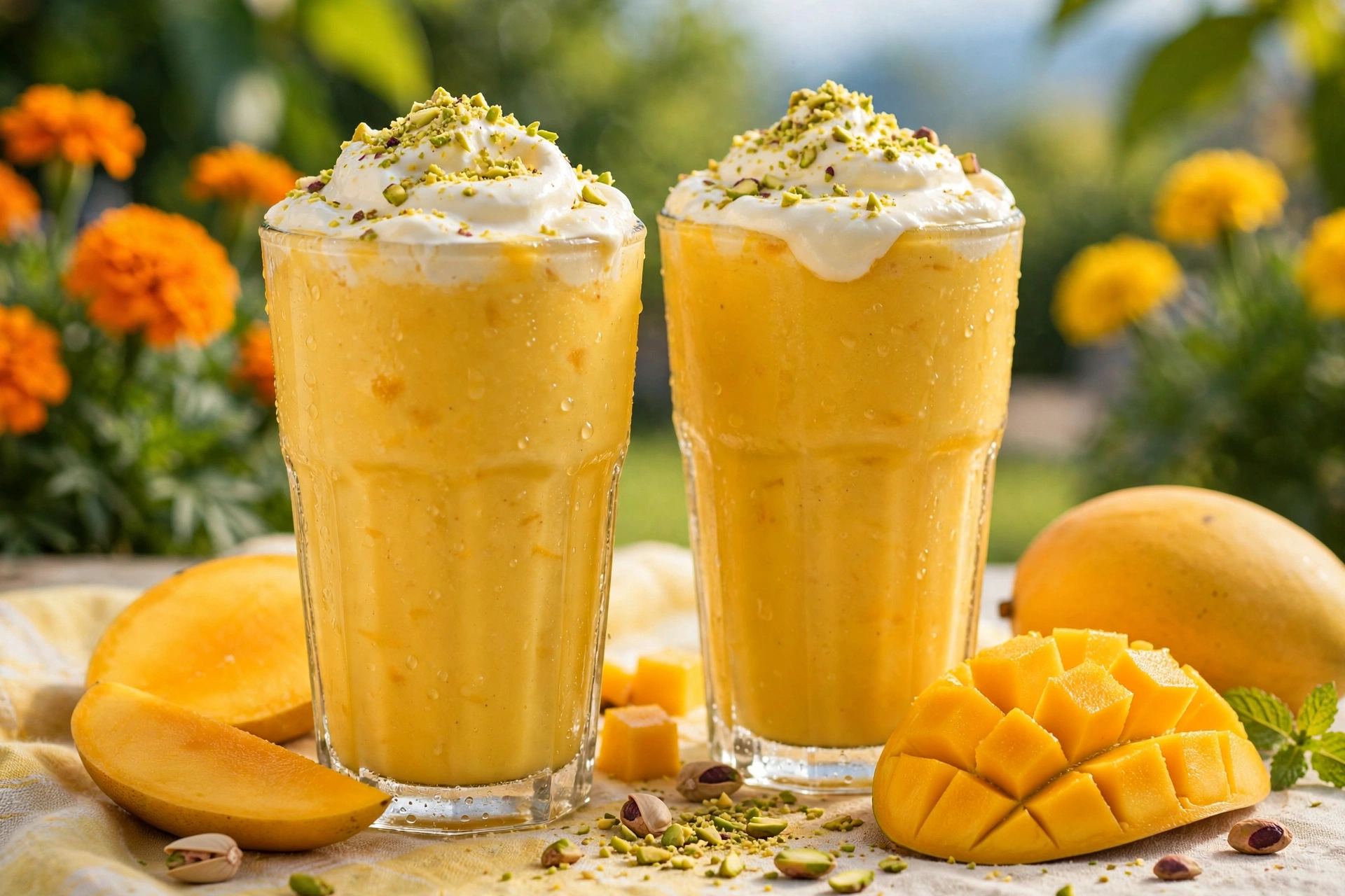 Mango lassi in glasses garnished with pistachios