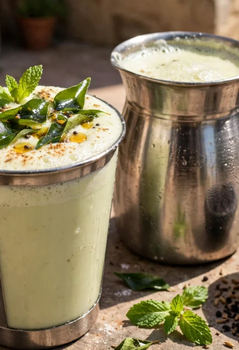 Masala chaas recipe – a tall glass of frothy spiced buttermilk with mint and roasted cumin