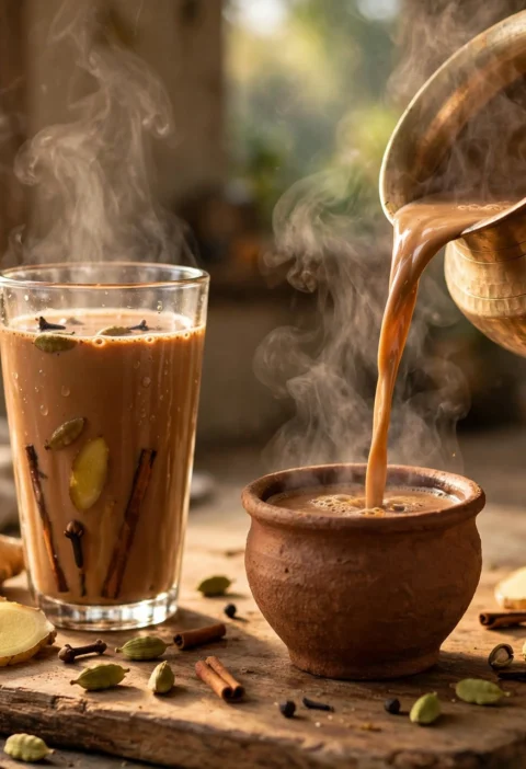 Masala chai recipe – spiced chai poured into a clay kulhad with ginger and cardamom