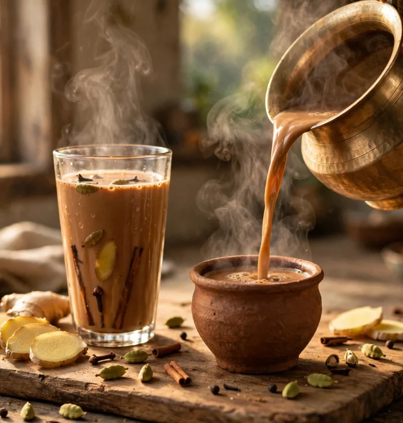 Masala chai recipe – spiced chai poured into a clay kulhad with ginger and cardamom