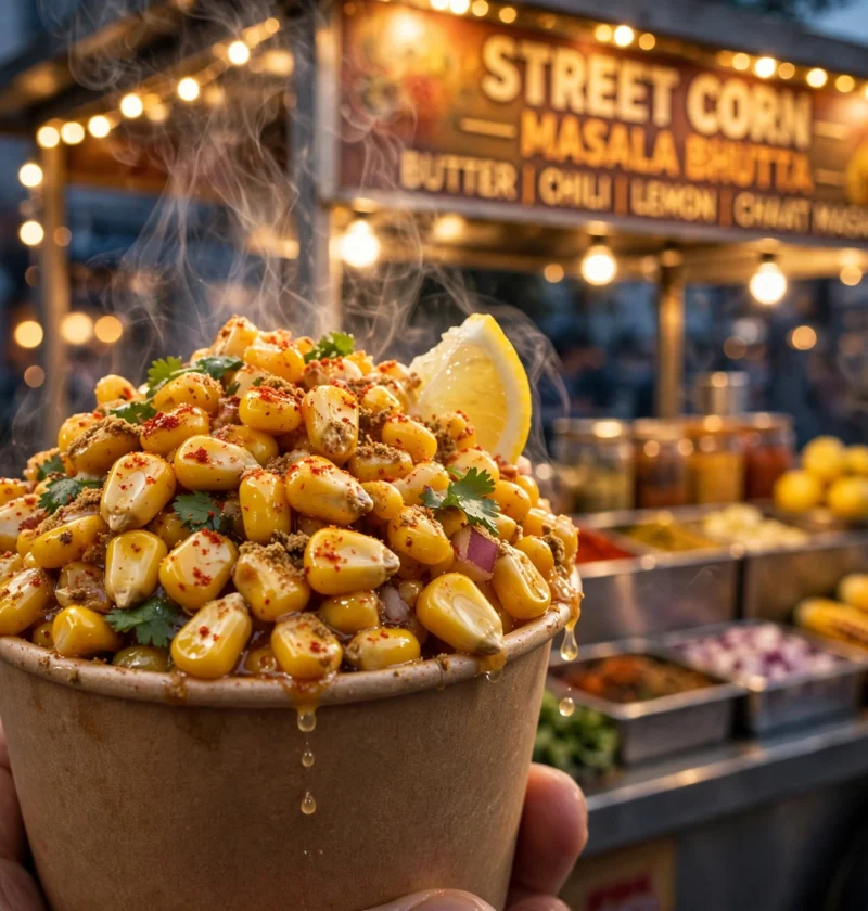 Masala corn recipe – buttered masala corn kernels in a paper cup with a lemon wedge, steam rising