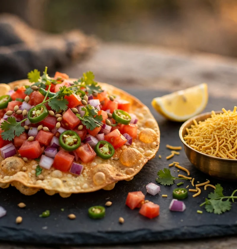 Masala papad recipe – golden roasted papad with tomato, onion and sev topping