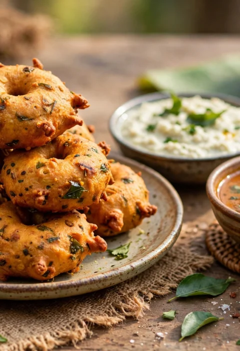 Masala vada recipe – golden crispy masala vada fritters with coconut chutney and sambar