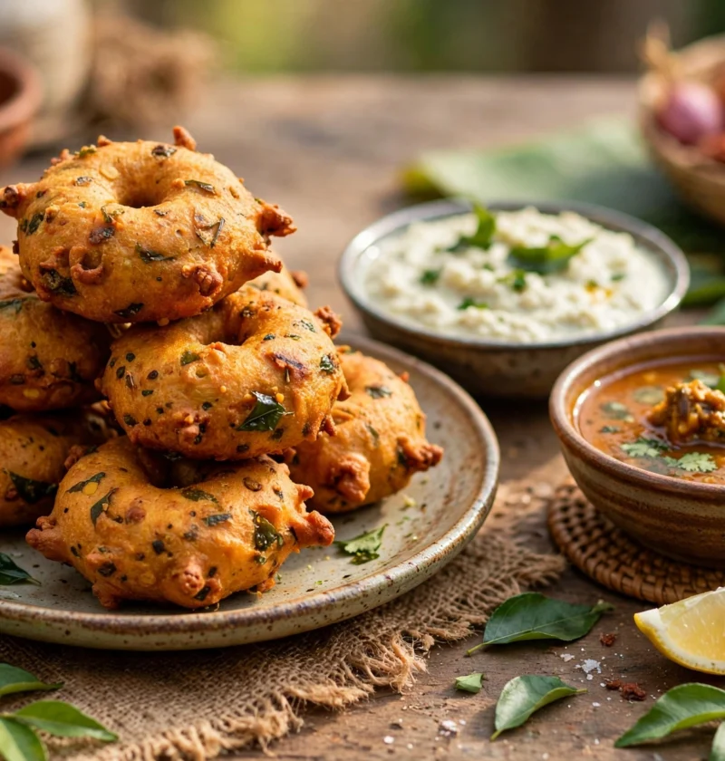 Masala vada recipe – golden crispy masala vada fritters with coconut chutney and sambar
