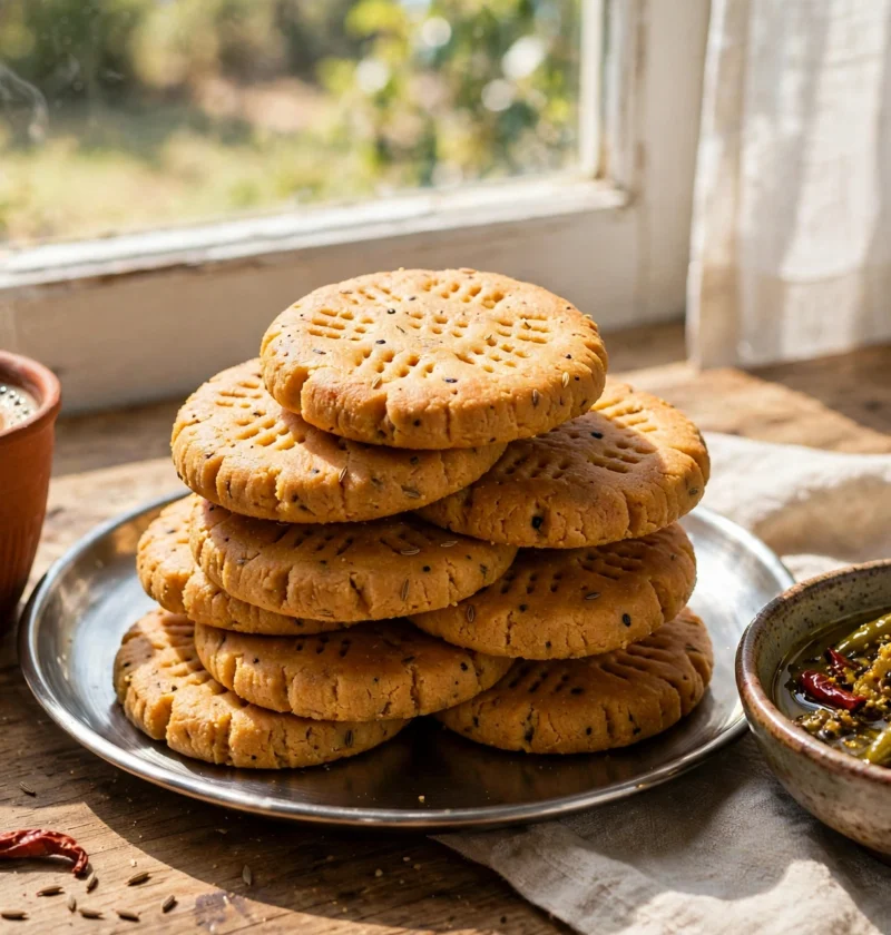 Mathri recipe – thick golden fork-pricked rounds with chilli pickle and chai