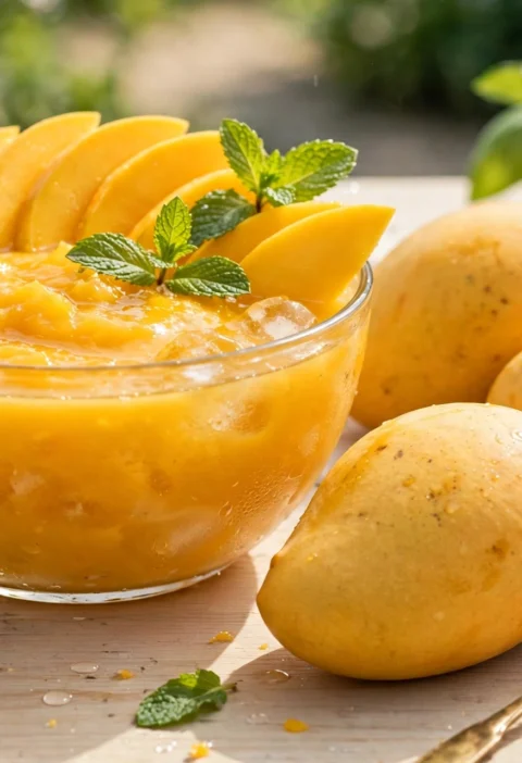 Aam ras recipe – chilled golden mango pulp in a glass bowl with mango slices and mint