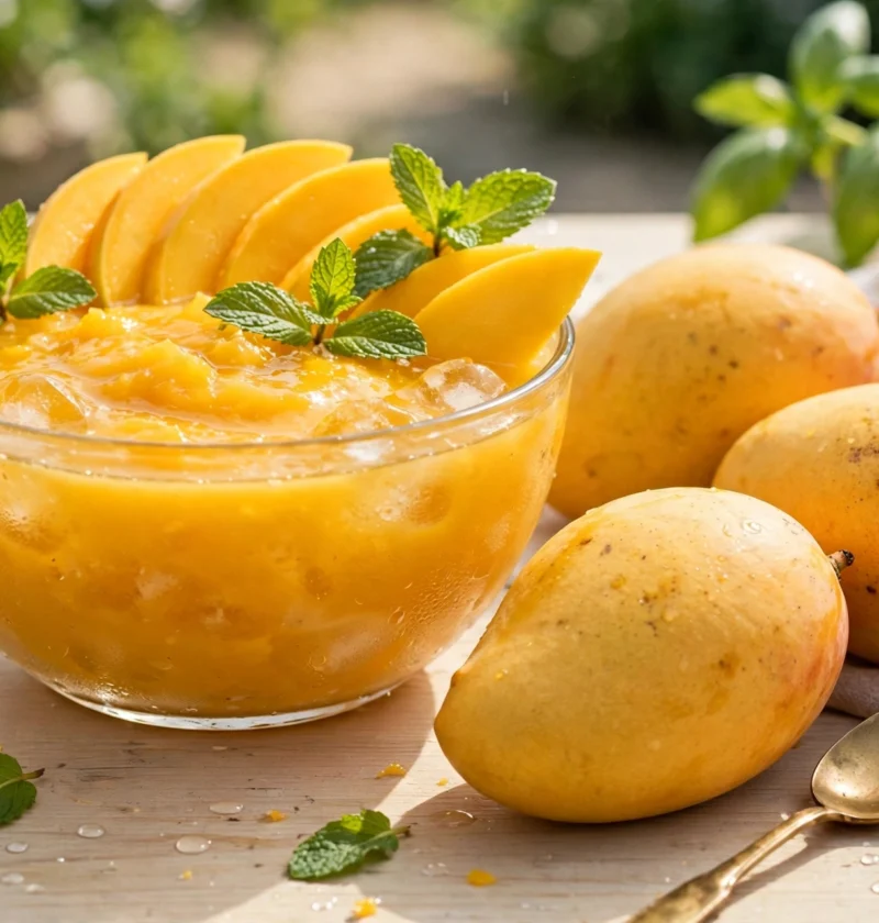 Aam ras recipe – chilled golden mango pulp in a glass bowl with mango slices and mint