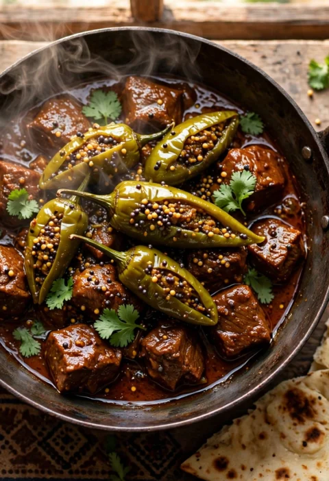 Achari Gosht – beef curry with stuffed green chilies and pickling spices