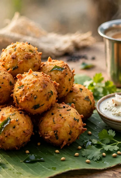 Aloo bonda recipe – golden potato bondas on a banana leaf with coconut chutney