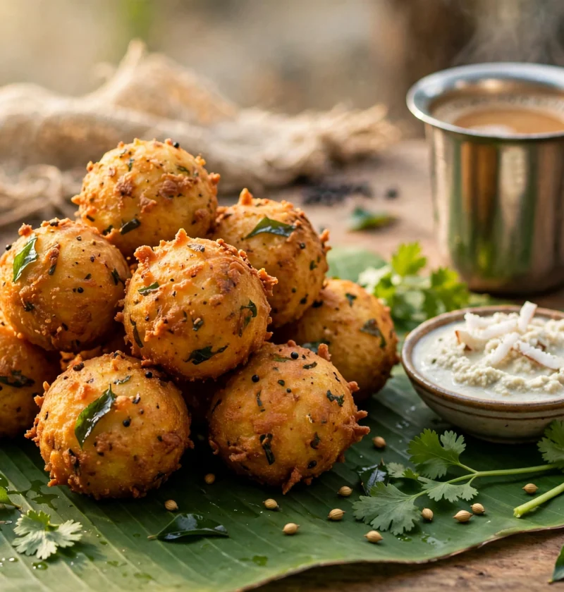 Aloo bonda recipe – golden potato bondas on a banana leaf with coconut chutney