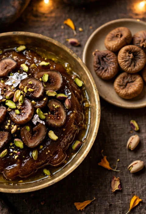 Anjeer halwa recipe – glossy anjeer halwa in a brass bowl with sliced dried figs, pistachios and silver leaf beside chai