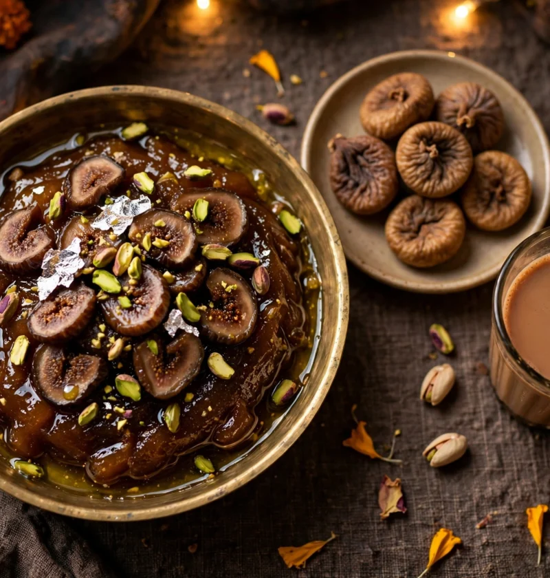 Anjeer halwa recipe – glossy anjeer halwa in a brass bowl with sliced dried figs, pistachios and silver leaf beside chai