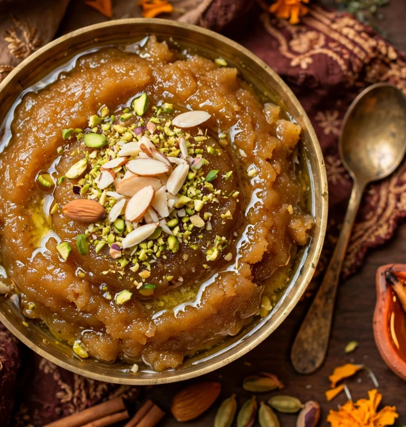 Atta halwa recipe – warm atta halwa in a brass bowl with pistachios and almonds beside a diya lamp