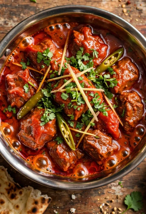 Balti Gosht – sizzling beef curry in a steel balti bowl with green chilies.