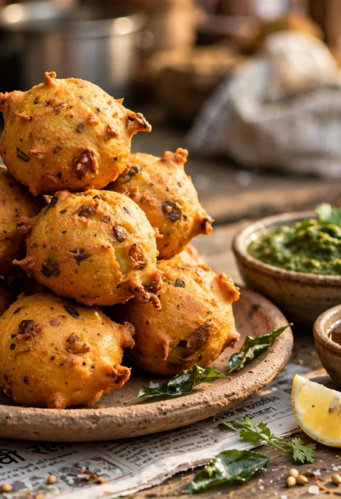 Batata vada recipe – golden crispy batata vada fritters with green and tamarind chutneys, fried curry leaves and lemon wedge