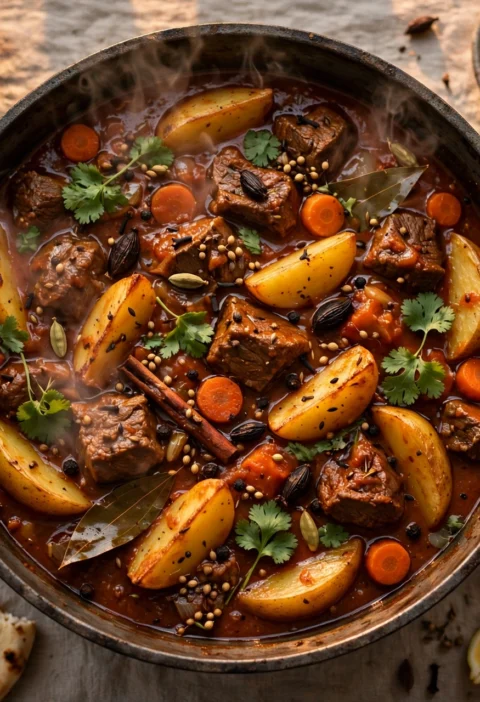Beef Stew – beef chunks with potatoes and carrots in a tomato-onion gravy