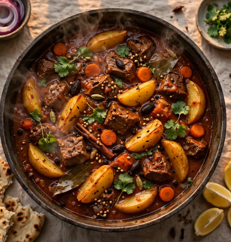 Beef Stew – beef chunks with potatoes and carrots in a tomato-onion gravy