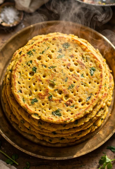 Besan chilla recipe – golden besan chilla pancakes stacked on a brass plate with green chutney and pickled onions