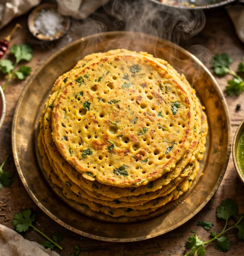 Besan chilla recipe – golden besan chilla pancakes stacked on a brass plate with green chutney and pickled onions