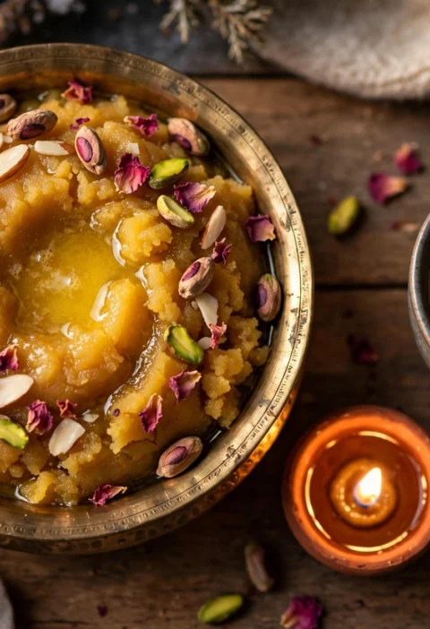 Besan halwa recipe – warm besan halwa in a brass bowl with pistachios, almonds and rose petals beside a diya lamp and chai
