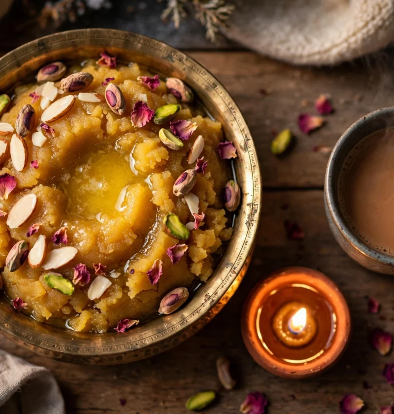 Besan halwa recipe – warm besan halwa in a brass bowl with pistachios, almonds and rose petals beside a diya lamp and chai