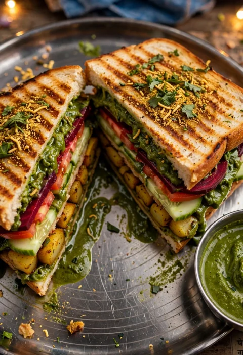 Bombay sandwich recipe – grilled Bombay sandwich cut diagonally with spiced potato, cucumber, tomato, beetroot and mint chutney on a steel plate