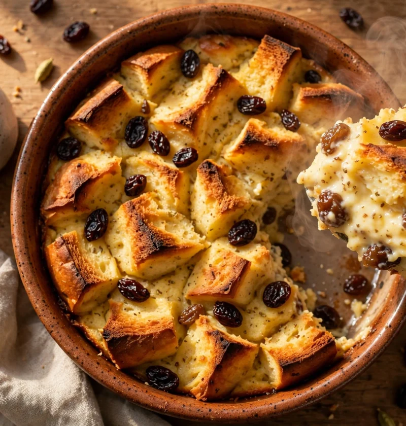 Bread Pudding – golden baked bread pudding with raisins
