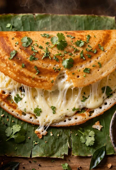 Cheese dosa recipe – golden crispy cheese dosa with melted mozzarella stretching, cilantro, on a banana leaf with coconut chutney and sambar