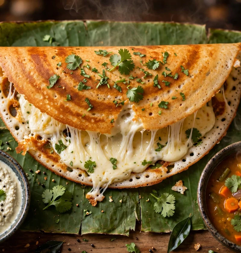 Cheese dosa recipe – golden crispy cheese dosa with melted mozzarella stretching, cilantro, on a banana leaf with coconut chutney and sambar