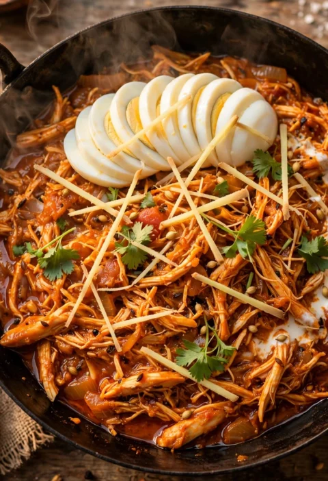 Chicken Bharta – shredded chicken in a thick dhaba masala with boiled egg.