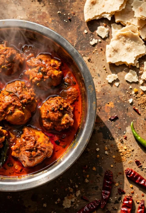 Chicken Kolhapuri – fiery chicken curry with red tari oil