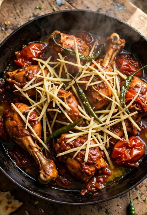 Chicken Peshawari Karahi – tomato chicken karahi with ginger and green chilies