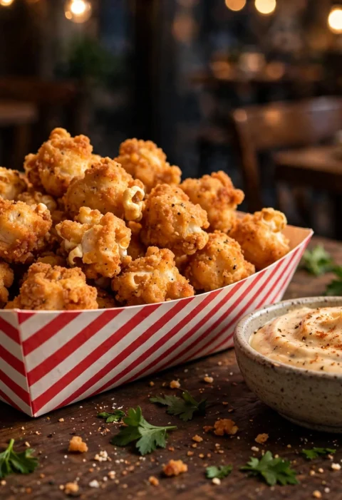 Chicken popcorn recipe – golden chicken popcorn bites in a striped paper tray with dip
