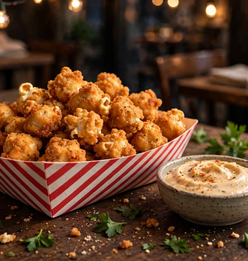 Chicken popcorn recipe – golden chicken popcorn bites in a striped paper tray with dip