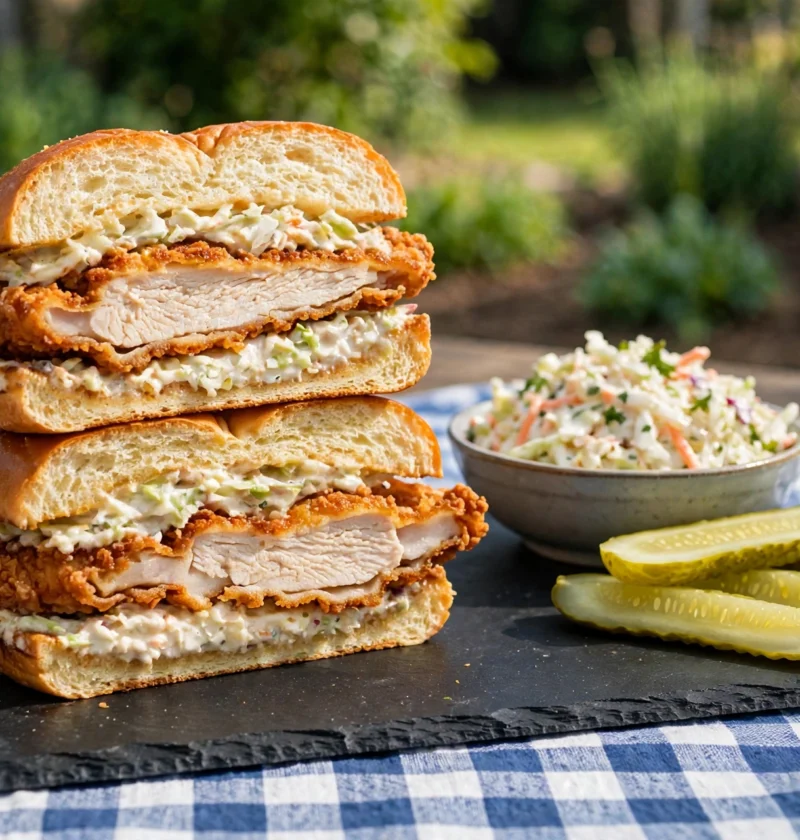 Chicken sandwich recipe – crispy fried chicken sandwich with slaw on a dark slate board