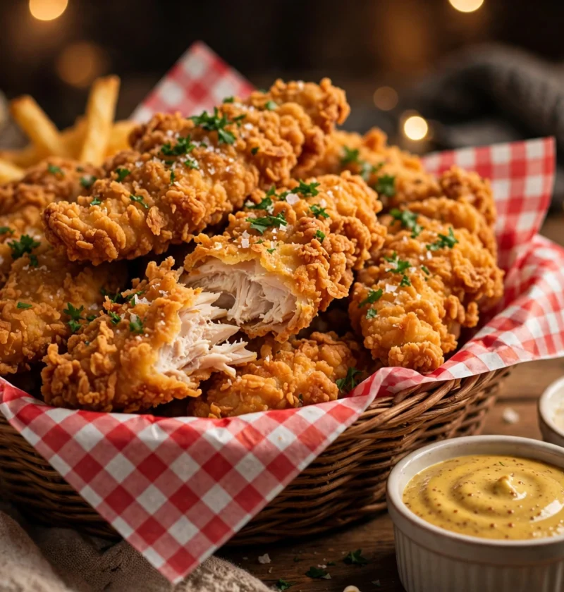 Chicken Strips – crispy double-dredged chicken strips with dips.