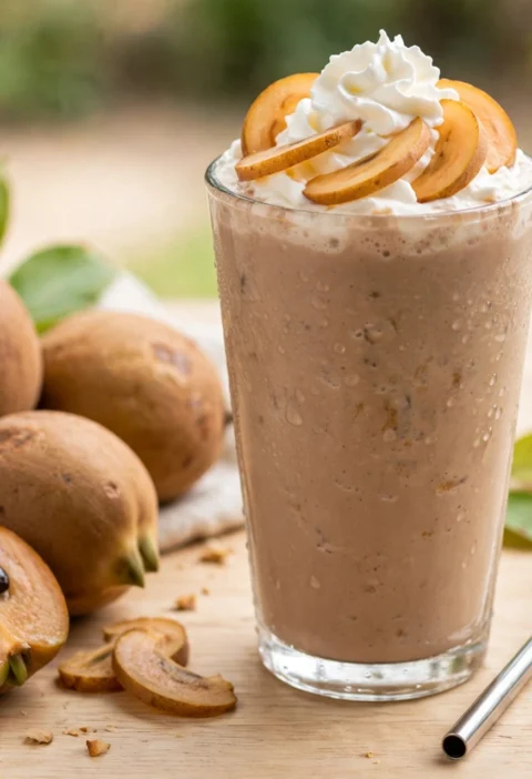 Chikoo shake recipe – creamy chikoo shake in a tall glass with chikoo slices